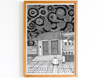 The Gate to the Dojo, Pen & Ink Art,  Giclée Fine Art Print, Vintage Art, Wall Art