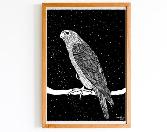 Falcon Black & White Ink Art, Pen drawing, Bird, Nature, Home Decor, Wall black and white decor