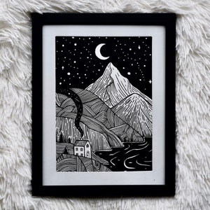 Cabin by the Mountains, Pen and Ink Print , Nature Art, Pen and Ink Art, Mountain Art, Black and White Prints, Giclée Fine Art Print