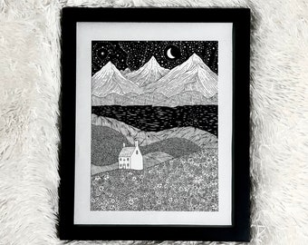 My Home on a flowery hill - Pen and Ink Print , Nature Art, Pen and Ink Art, Mountain Art, Black and White Prints, Vintage Art, Gićlee Print