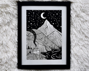 Cabin by the Mountains, Pen and Ink Print , Nature Art, Pen and Ink Art, Mountain Art, Black and White Prints, Giclée Fine Art Print