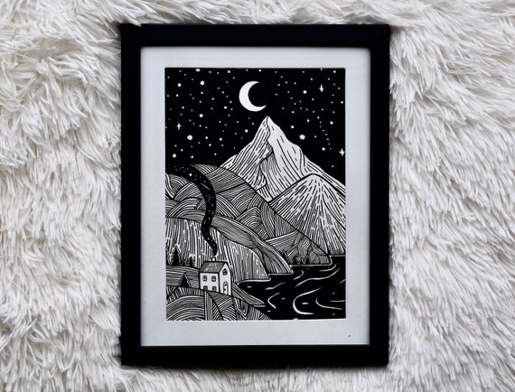 Cabin by the Mountains Pen & Ink Art Print Nature Art House - Etsy