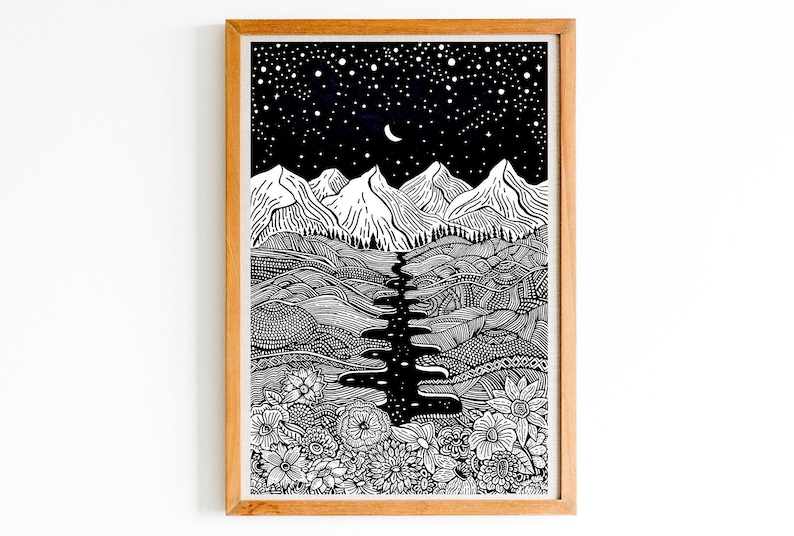 Wonders of Night Ink Art Wall Hanging Art Print Pen Drawing Nature Landscape Moon Night Mountains Flowers Home Decor image 1
