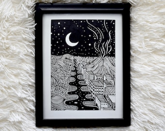Silent Eruption | Pen & Ink art print, nature art, pen drawing, Moon Night, Landscape, Mountains, River, City | Fine Art Print