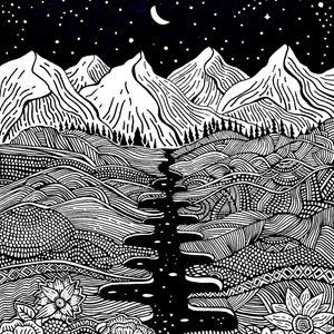 Wonders of Night Ink Art Wall Hanging Art Print Pen Drawing Nature Landscape Moon Night Mountains Flowers Home Decor image 3