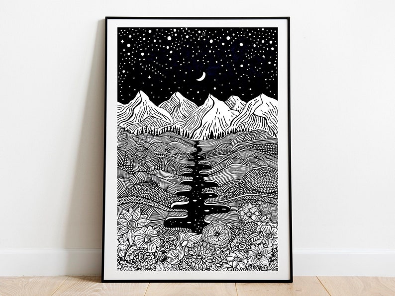Wonders of Night Ink Art Wall Hanging Art Print Pen Drawing Nature Landscape Moon Night Mountains Flowers Home Decor image 2