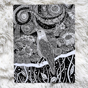The Nightingale Pen and Ink Print Animal and Nature Art Black and White bird Ink Drawing Black and White Prints image 5