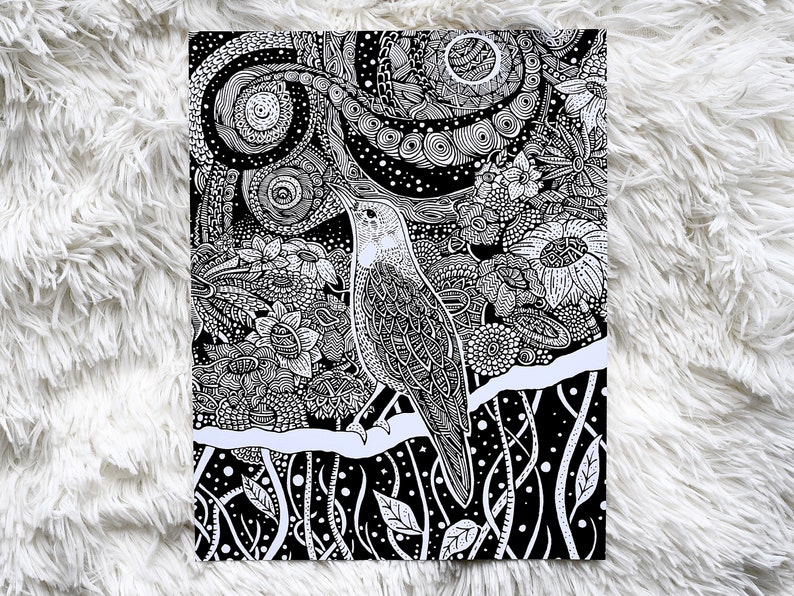 The Nightingale Pen and Ink Print Animal and Nature Art Black and White bird Ink Drawing Black and White Prints image 5