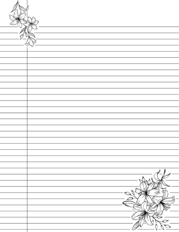 Cute Printable College Ruled Lined Notebook Paper With Margins Floral Lily  Flower Design Double Sided Black & White Easy Download -  Norway