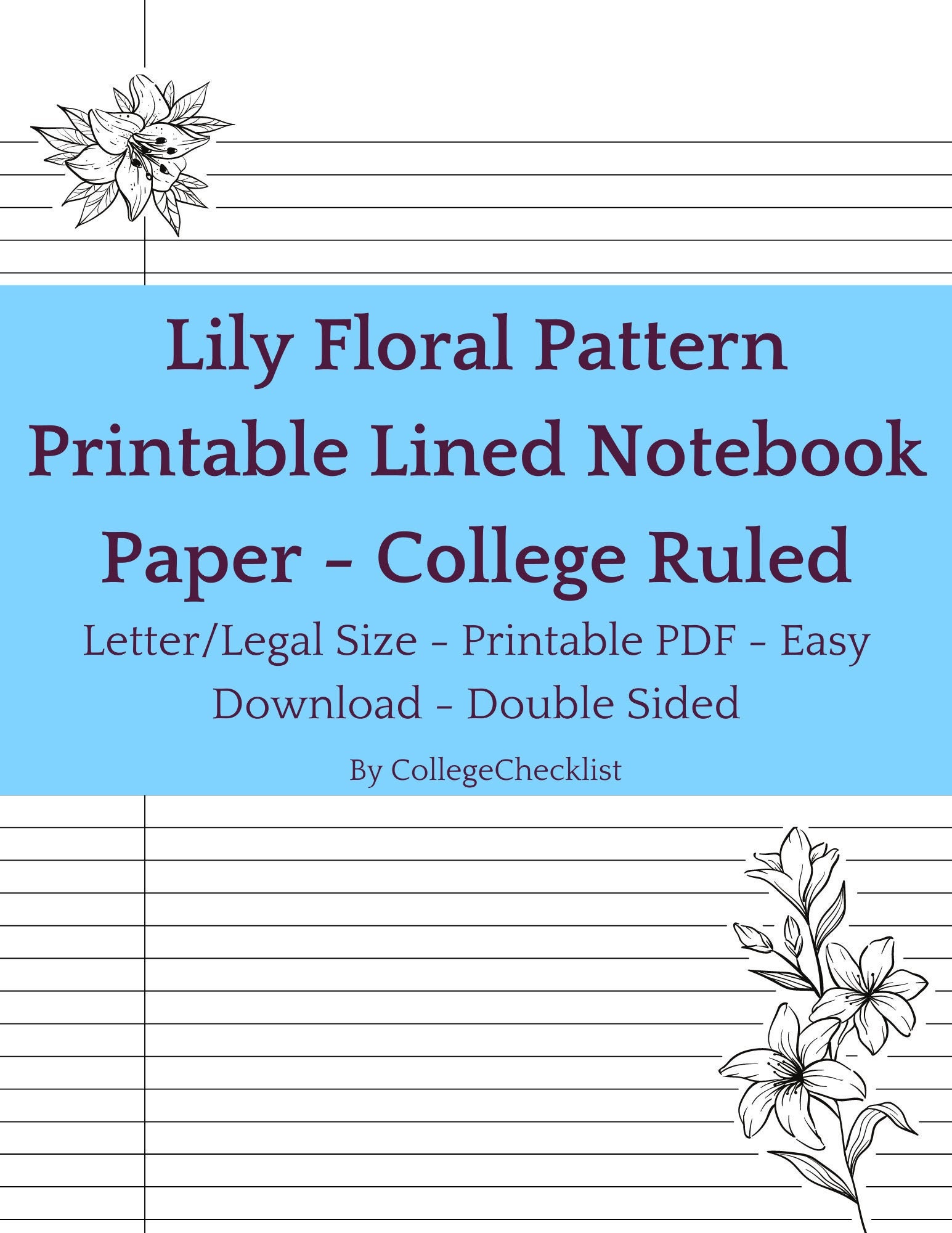 cute printable college ruled lined notebook paper with margins etsy