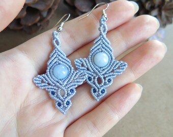 Aquamarine Jade Macrame Earrings - Elven Gemstone Earrings - Unique Gift for Her - Elvish Jewelry