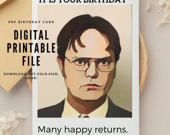 May include: A printable birthday card featuring a cartoon image of a man with glasses and the text "IT IS YOUR BIRTHDAY", "PDF BIRTHDAY CARD", "DIGITAL PRINTABLE FILE", "DOWNLOAD.CUT, FOLD, SIGN, DONE!" and "Many happy returns."