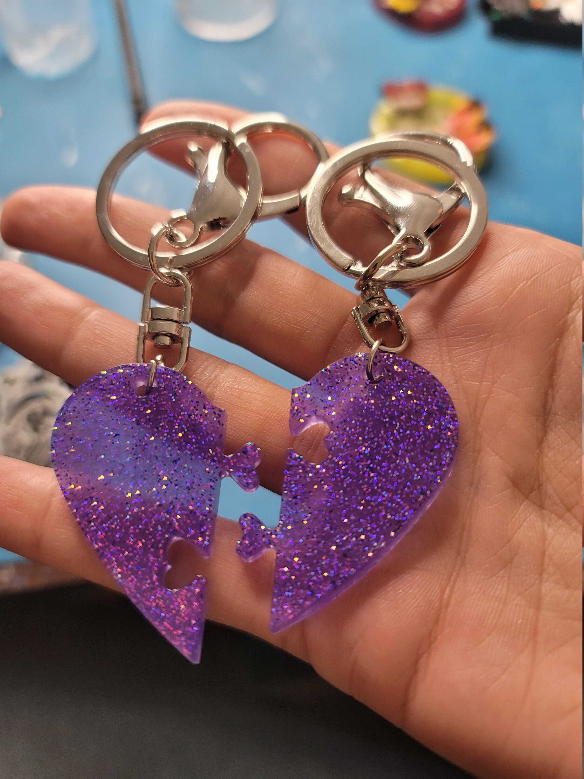 Couples/best friend resin heart puzzle piece keychain set Etsy