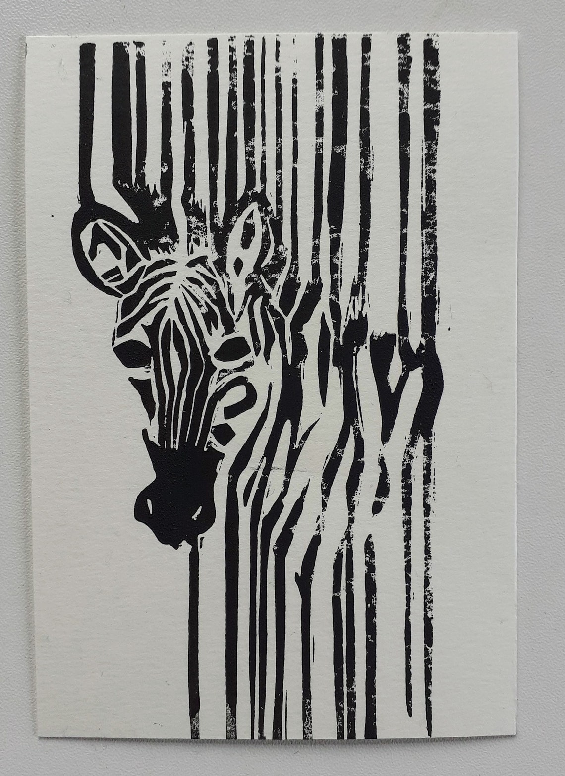 Zebra handcrafted linocut print card Etsy