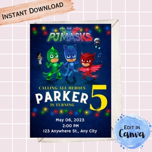 Invito modificabile PJ Masks / Invito di compleanno PJ Masks / Festa di compleanno PJ Masks / Download immediato / Invito