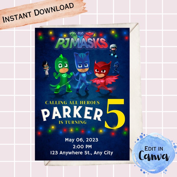 Bearbeitbare PJ Masks Einladung | PJ Masks Geburtstagseinladung | Pyjamamasken Geburtstagsparty | Sofort Download | Einladung