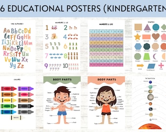 May include: A set of 36 educational posters for kindergarten. The posters feature colourful illustrations and text, covering topics such as the alphabet, numbers, shapes, body parts, and the solar system.