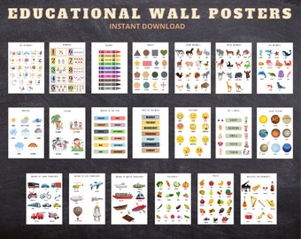 May include: A set of 20 printable educational wall posters for children. The posters feature colourful illustrations of various topics, including the alphabet, numbers, colours, shapes, farm animals, wild animals, sea animals, weather, seasons, months of the year, days of the week, feelings, five senses, solar system, means of land transport, means of air transport, means of water transport, vegetables, fruits, and musical instruments.