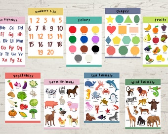 May include: A set of 10 colourful flashcards with various educational themes, including the alphabet, numbers 1-20, shapes, colours, fruits, vegetables, farm animals, sea animals, and wild animals. Each card features illustrations and text labels.