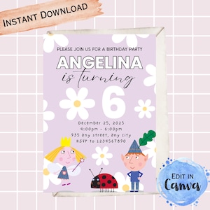 以下が含まれることがあります： 「Angelina is turning 6」の文字が入ったライラック色の誕生日パーティーの招待状。妖精、てんとう虫、エルフのイラストが含まれています。招待状には、日付、時間、場所、RSVP情報も含まれています。