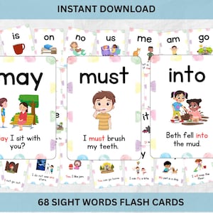 May include: 68 colorful flashcards with sight words and illustrations. The words include "may", "must", "into", "are", "get", "so", "is", "on", "no", "us", "me", "am", "go", "by", "had", "it", "ate".