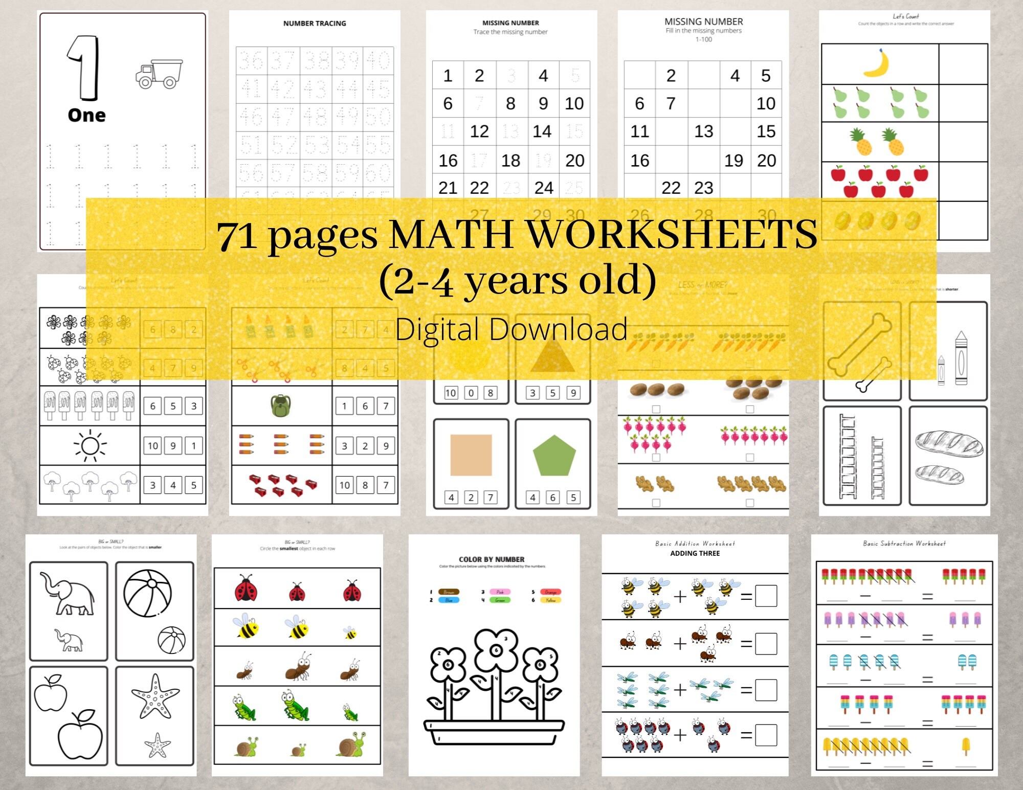 71 pages Basic Mathematics Worksheets Workbook for toddler (2-4 years old) Homeschool Instant Download Digital Print Printable