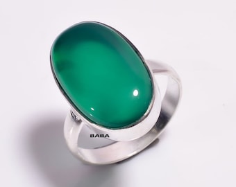 Oval Shape Solid Cab Green Onyx 925 Sterling Silver Jewelry Ring Size 9.5#KD-480
