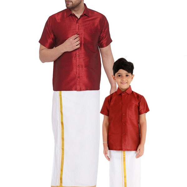 Babyhug Half Sleeves Solid Color Shirt & Mundu Set - Red main image 0