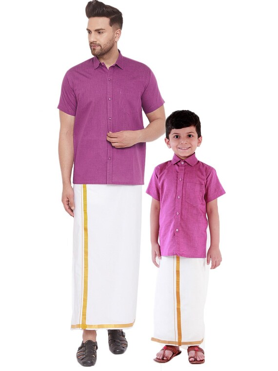 Men Boys Pink Solid Silk Blend Half Sleeve Ethnic Shirt and