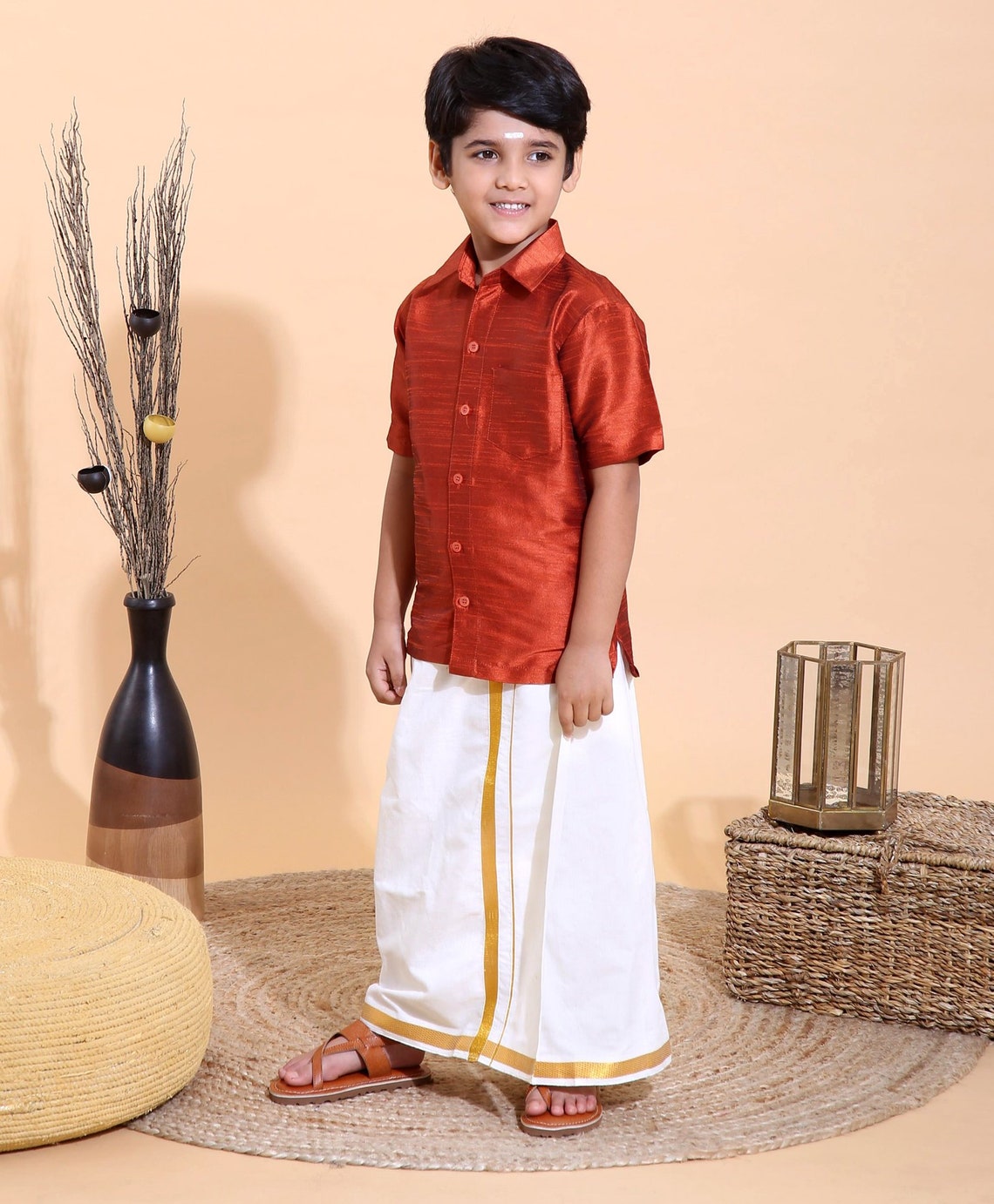 Babyhug Half Sleeves Solid Color Shirt & Mundu Set - Red