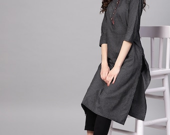 Ethnic Dress, Women kurti, Designer Dress, Sister's Gift,Indian Dress, Indian top for women, Women Black & White Striped Straight Kurta