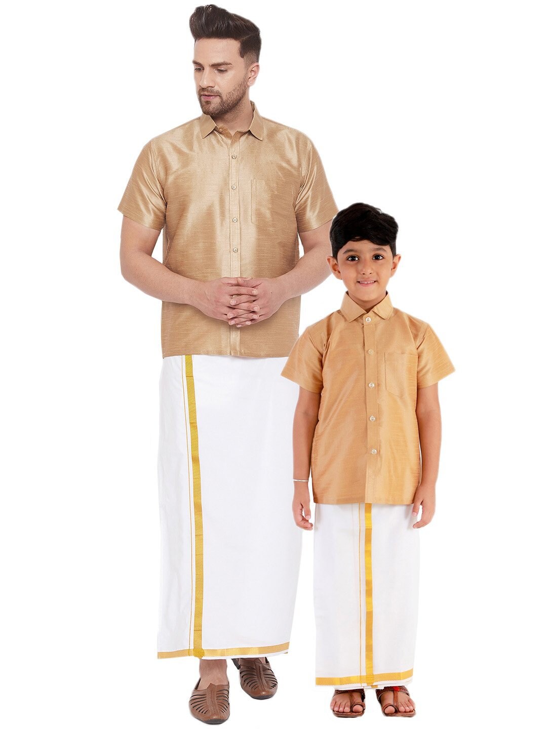 Men u0026 Boys Gold Solid Silk Blend Half Sleeve Ethnic Shirt and - Etsy Canada