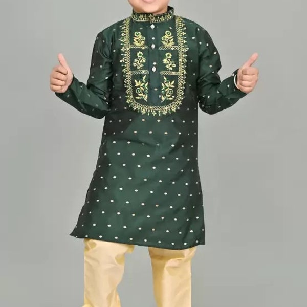 Green Embroidered Kurta with Dhoti Pants – Boys Ethnic Wear for Weddings & Festivals