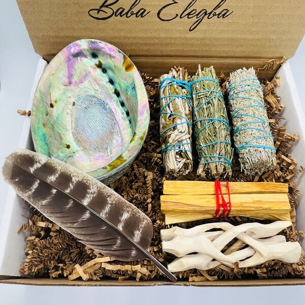 Kit básico para difuminar: TODO lo que necesitas para difuminar como un profesional: 3 paquetes de salvia, 3 palo santo, una ENORME concha de abulón con soporte, pluma e instrucciones