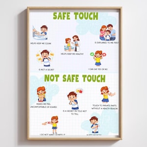 Puede incluir: Un póster enmarcado con el texto "SAFE TOUCH" y "NOT SAFE TOUCH" en verde. El póster presenta ilustraciones de niños y adultos, con texto que describe escenarios de contacto seguros e inseguros. El marco es de color marrón claro.