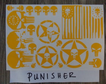 May include: A sheet of yellow vinyl stencils featuring various designs, including the Punisher skull, stars, and American flags. The word "PUNISHER" is written in black marker at the bottom of the sheet.