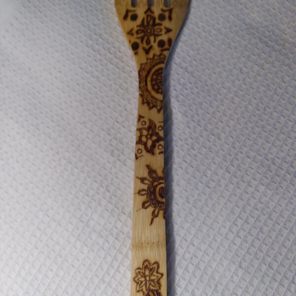 mandala design wood burned bamboo serving spoon