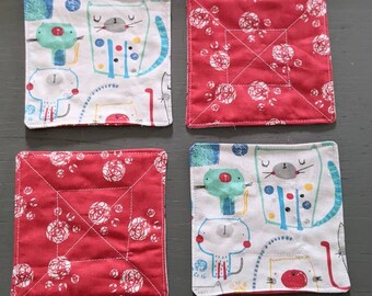 Kitty Cartoon Quilted Fabric Coasters - Set of 4 - Handmade - Mug Rug - Cat Lover Gift - Kitty Lover Gift - Absorbant - Free Shipping