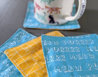 Purr Meow Quilted Fabric Coasters - Set of 4 - Handmade - Mug Rug - Cat Lover Gift - Kitty Lover Gift - Absorbant - Free Shipping