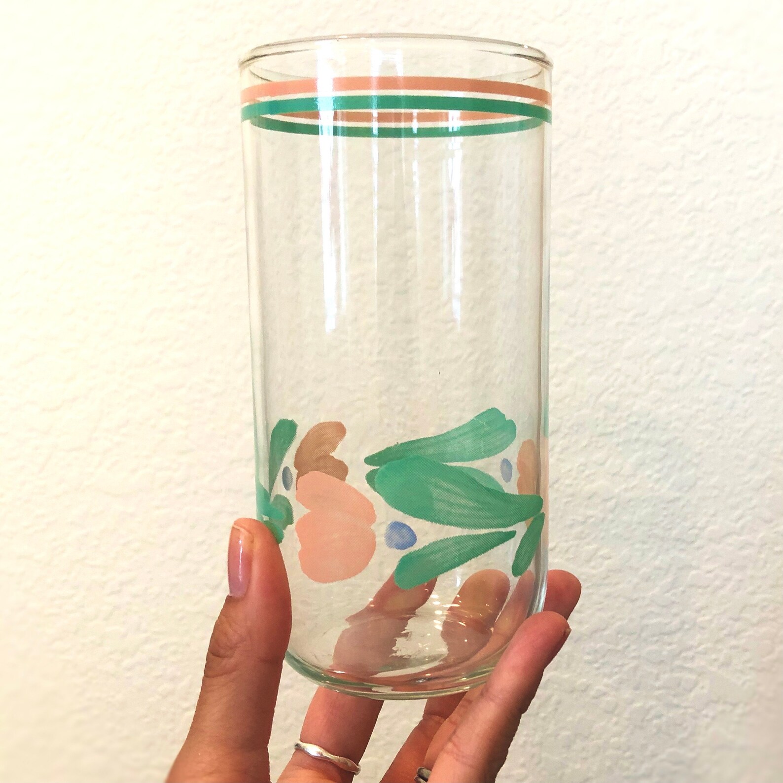 Vintage Pink and Green Flower Drinking Glasses with Stripes Etsy