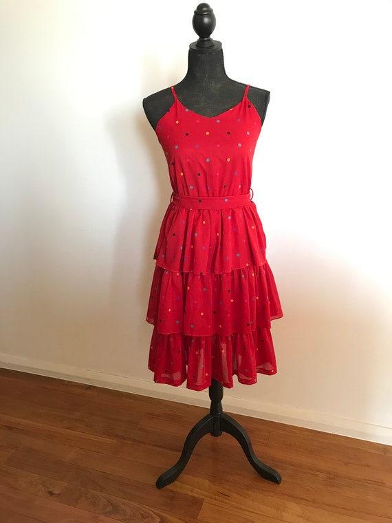 VINTAGE Red Ruffle Polka Dot Tiered Dress Size AU