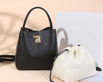 Black Leather Shoulder Bag Charm With Scarf Natural Leather Bag Hobo Leather Bag Leather Bucket Bag