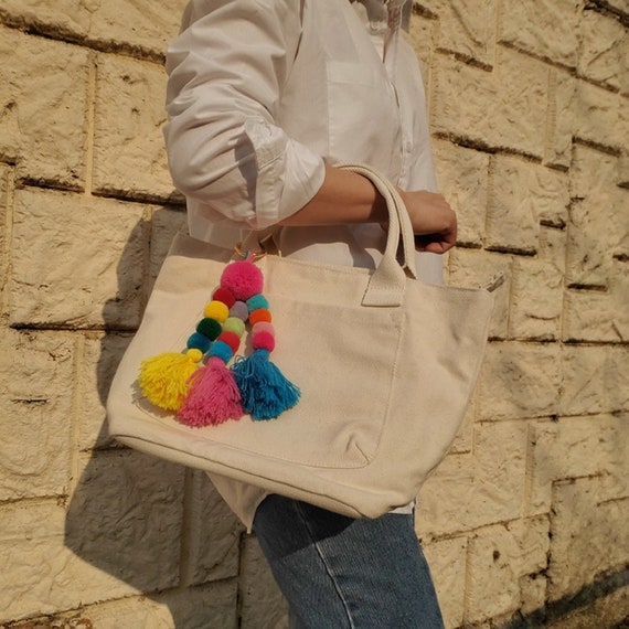 Canvas Eco Tote Bag With Tassel Key Chain Decorations - Etsy