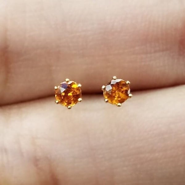 NATURAL Hessonite Garnet Stud Earrings 14K Gold, Rose, White Gold Silver Amber-Orange Beautiful Ceylon Gemstones Non-Tarnish 3mm Men Women