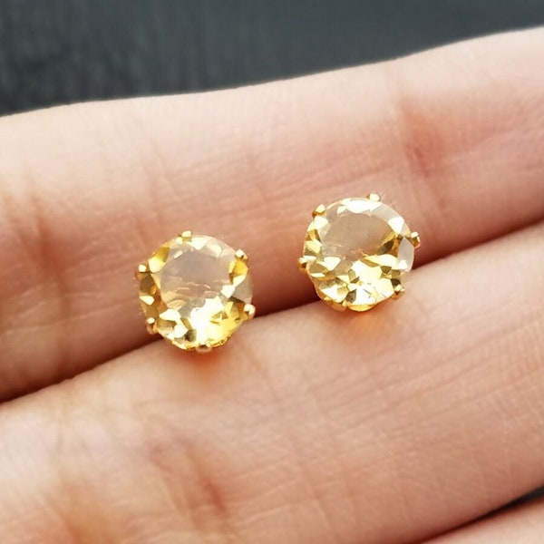 NATURAL Citrine Earrings Stud 14K, White, Rose Gold Breathtaking Golden Citrus Crystal Gemstone Studs Non-Tarnish Men Women 6mm