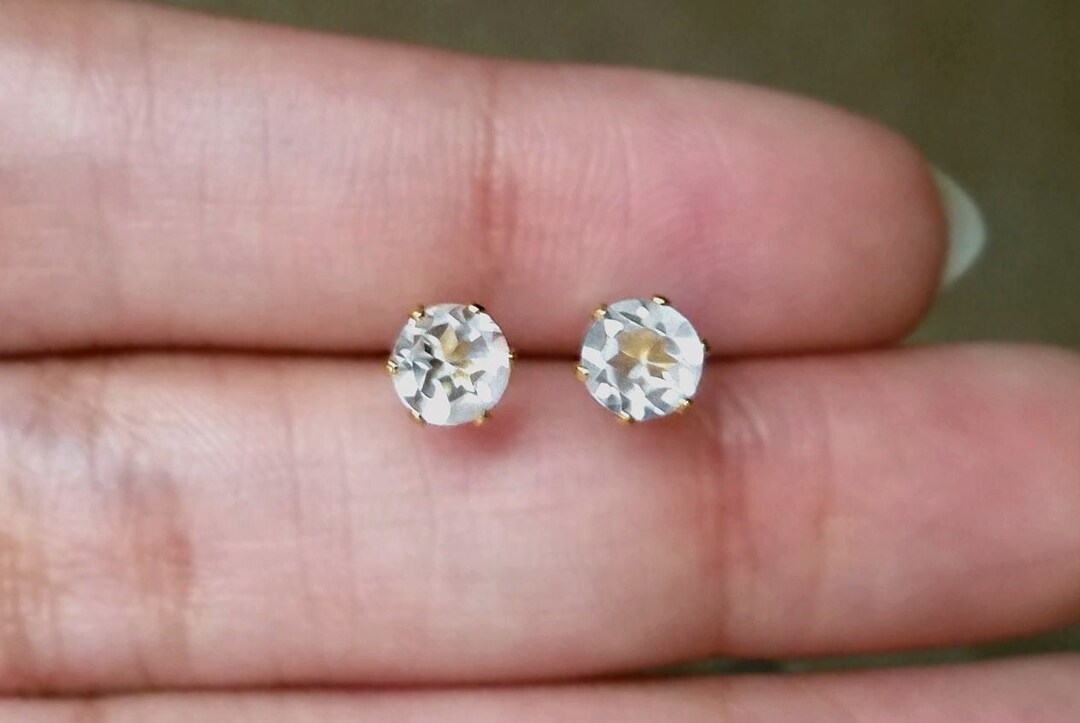 NATURAL Clear Quartz Earrings Studs 14K Gold White Gold Rose Gold Hazy