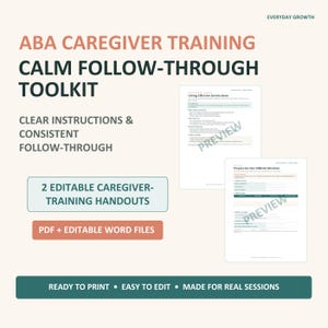 Könnte beinhalten: Ein ABA-Pflegekraft-Schulungs-Toolkit Calm Follow-Through mit zwei bearbeitbaren Handouts in PDF- und Word-Formaten. Das Dokument enthält Abschnitte mit den Titeln Giving Effective Instructions und Prepare for One Difficult Direction.