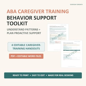 Könnte beinhalten: ABA-Pflegekraft-Schulungs-Toolkit zur Verhaltensunterstützung mit Text: Everyday Growth, Understand Patterns + Plan Proactive Support, 4 Editable Caregiver-Training Handouts, PDF + Editable Word Files, Ready to Print, Easy to Edit, Made for Real Sessions, sowie zwei Dokumentenvorschauen.