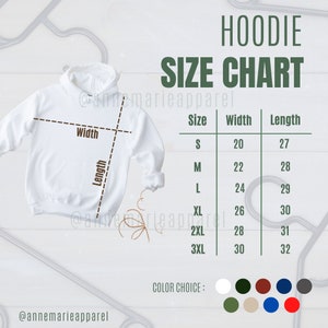 May include: Hoodie size chart with measurements in inches for sizes S through 3XL.  The chart shows width and length measurements for each size.  Color choices include white, dark green, beige, navy blue, royal blue, and red.
