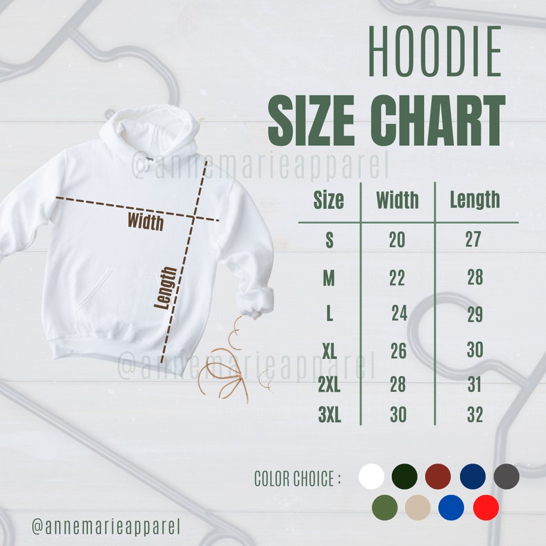 May include: Hoodie size chart with measurements in inches for sizes S through 3XL.  The chart shows width and length measurements for each size.  Color choices include white, dark green, beige, navy blue, royal blue, and red.